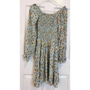 Angie Floral Print Long Sleeve Dress Light Blue Yellow Bohemian Cottagecore S